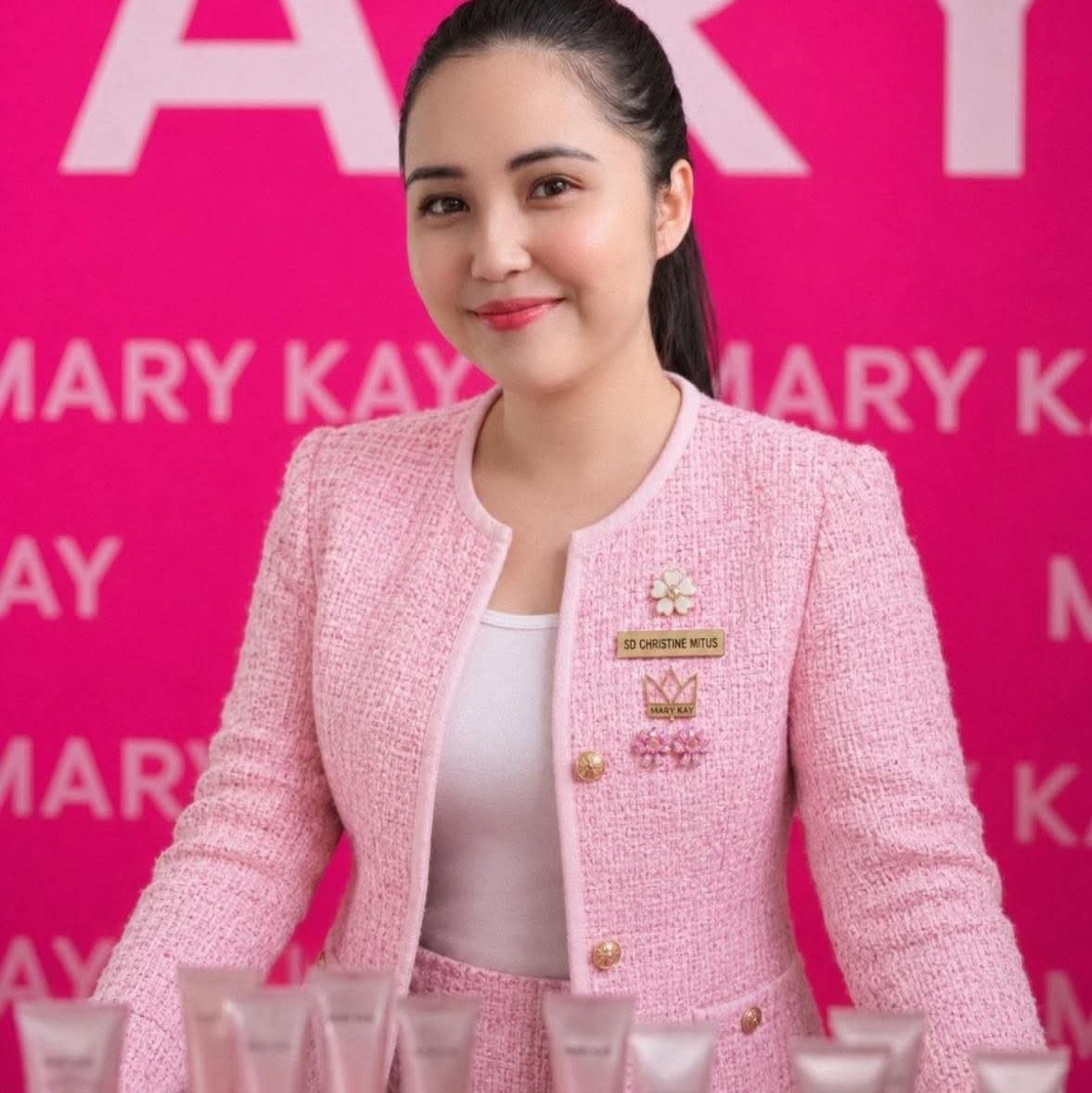 Christine wearing a pink blazer