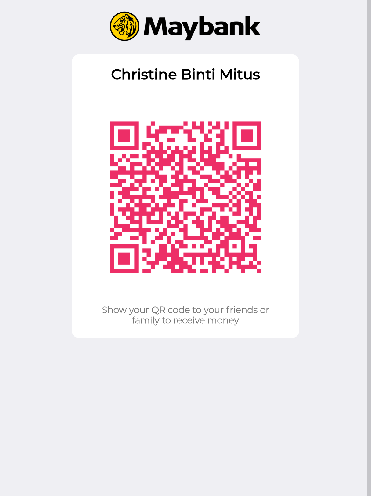 QR DuitNow Maybank penerima Christine Binti Mitus